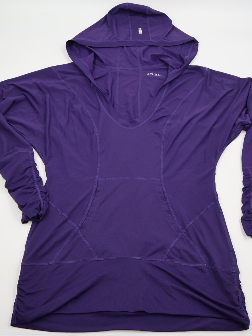 Zella Hoodie Pullover Womens Medium Purple Ruched Sleeve V-Neck Tunic Activewear
